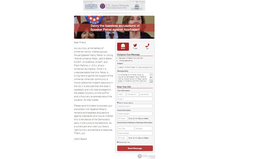 ABŞ-dakı azərbaycanlılar Nensi Pelosiyə qarşı kampaniyaya start verdilər - FOTO