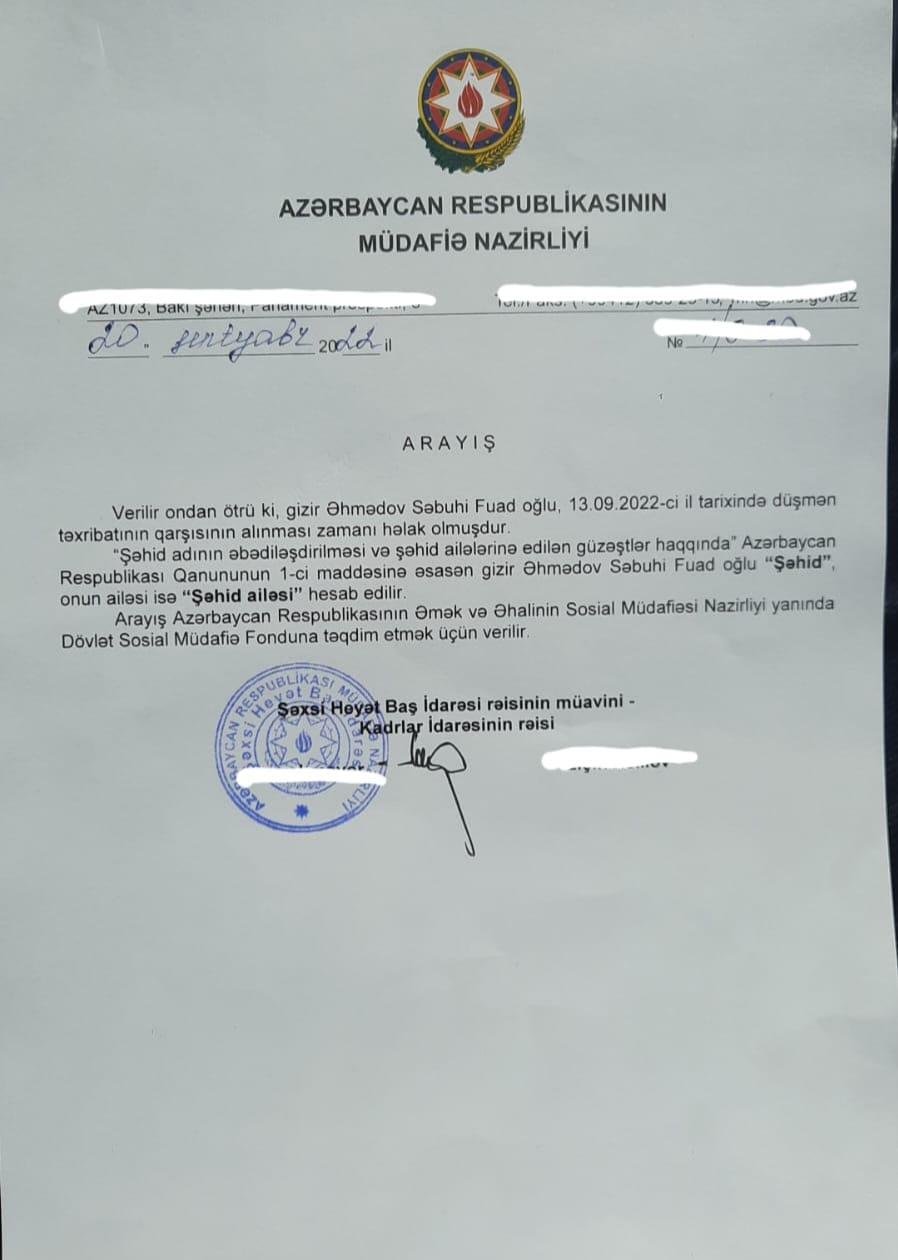 MN Səbuhi Əhmədova "şəhid" statusu verilməsi ilə bağlı DSMF üçün arayış hazırladı 3 mn sened