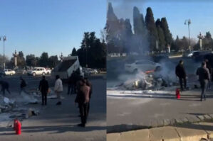 Bakının mərkəzində maşın alışdı, sürücü bu yola əl atdı - VİDEO