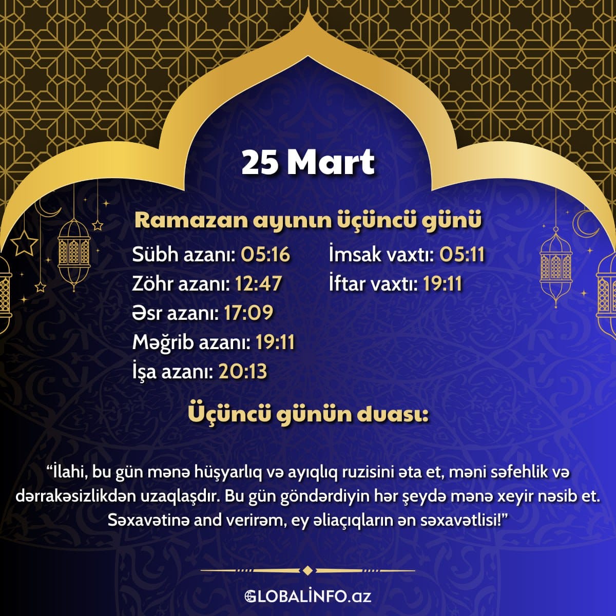 Ramazan ayının üçüncü gününün imsak, iftar və namaz vaxtları - FOTO