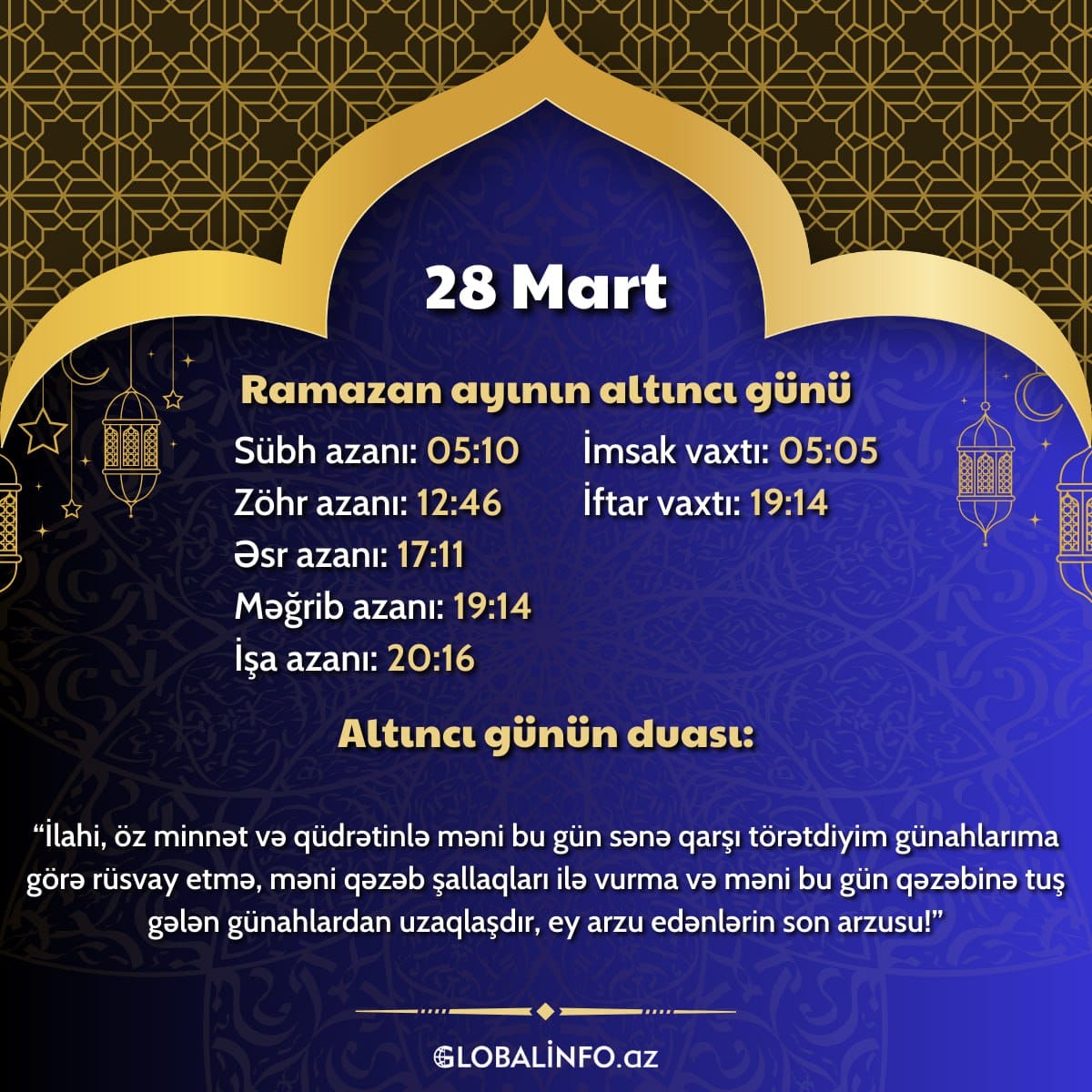 Ramazan ayının altıncı gününün imsak, iftar və namaz vaxtları - FOTO