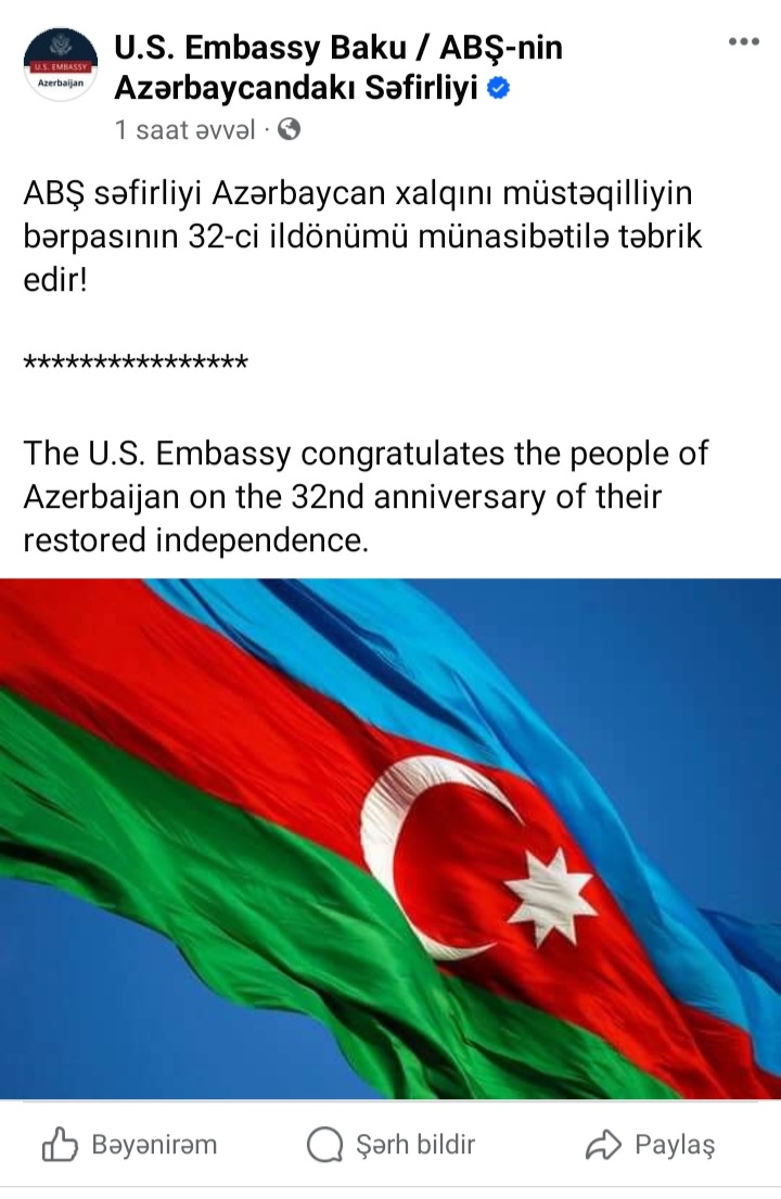 ABŞ səfirliyi Azərbaycan xalqını təbrik etdi - FOTO