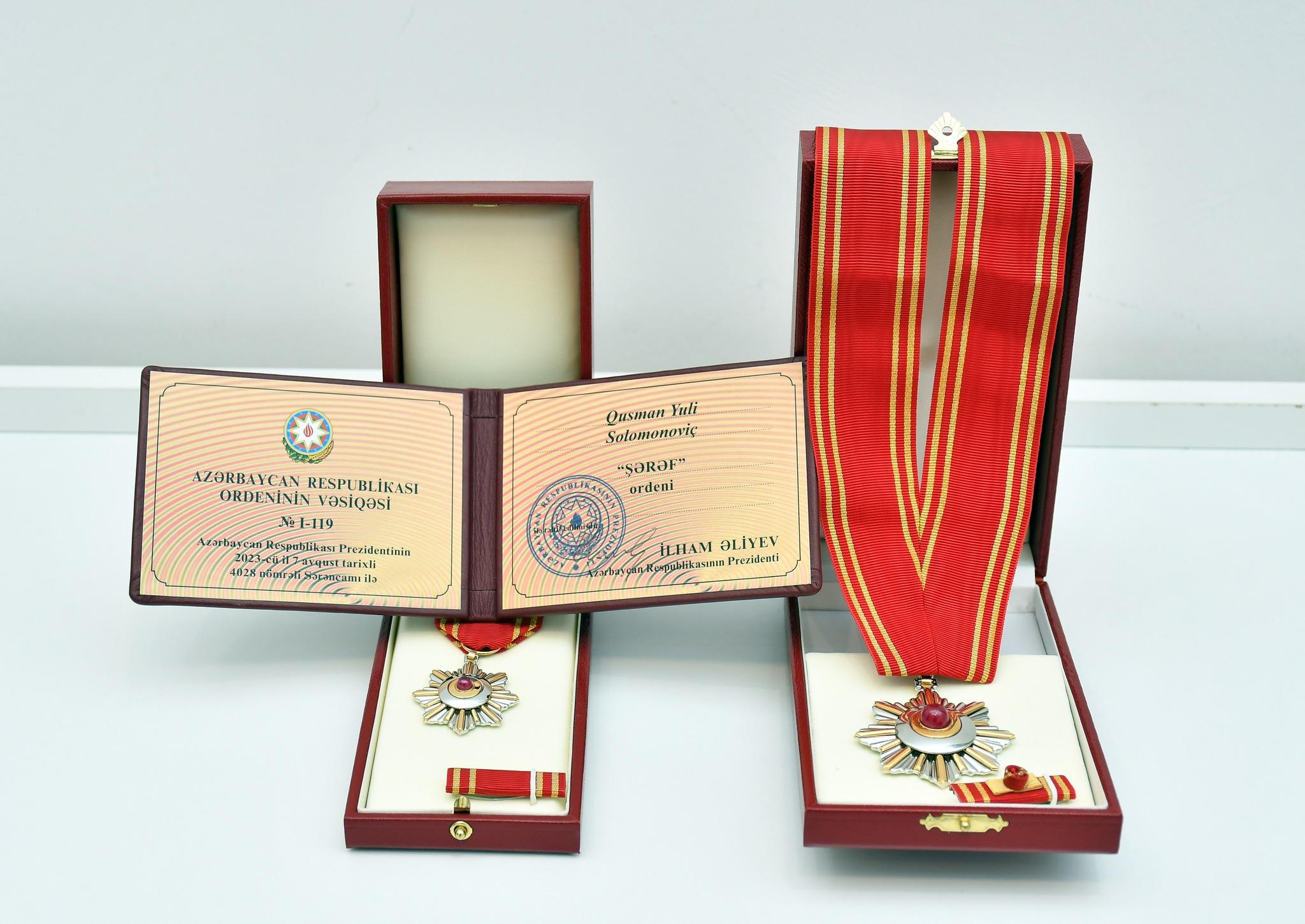 Yuli Qusmana “Şərəf” ordeni təqdim edildi - FOTO