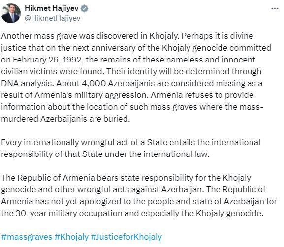 Hikmət Hacıyev Xocalıda aşkarlanan kütləvi məzarlıqdan yazdı - FOTO