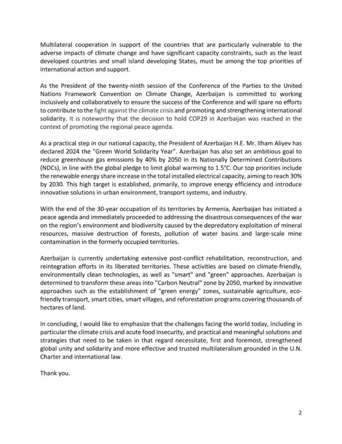 Azərbaycan BMT TŞ-yə məlumat verdi