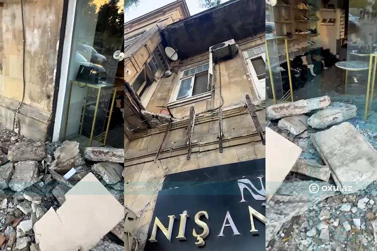 Yasamalda tarixi binanın balkonu uçdu - VİDEO