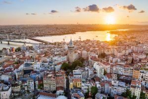 aerial drone view istanbul sunset turkey