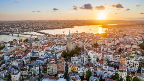 aerial drone view istanbul sunset turkey