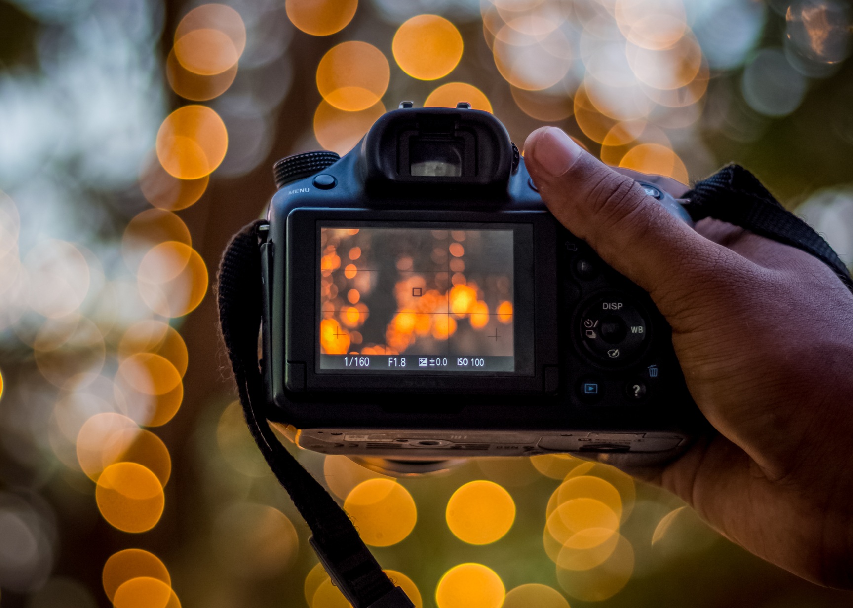 hand holding digital camera bokeh lights background 1