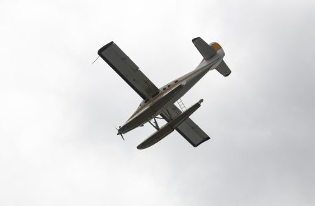 low angle picture seaplane flying clear sky