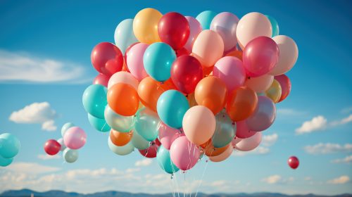 colorful balloons set against clear blue sky backdrop