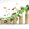 green arrow is going up stacks coins arranged bar graph