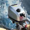 powerful outboard engine speedboat water splashes wake up