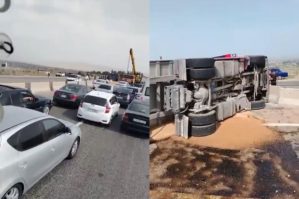 Hacıqabulda TIR aşdı, taxıl yola dağıldı - VİDEO