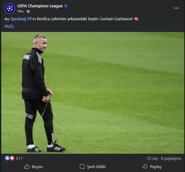 Çempionlar Liqasının səhifəsində Qurban Qurbanovla bağlı paylaşım edildi – FOTO