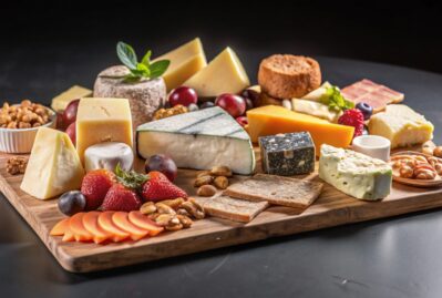 wooden board filled with various cheeses fruits nuts crackers