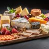 wooden board filled with various cheeses fruits nuts crackers
