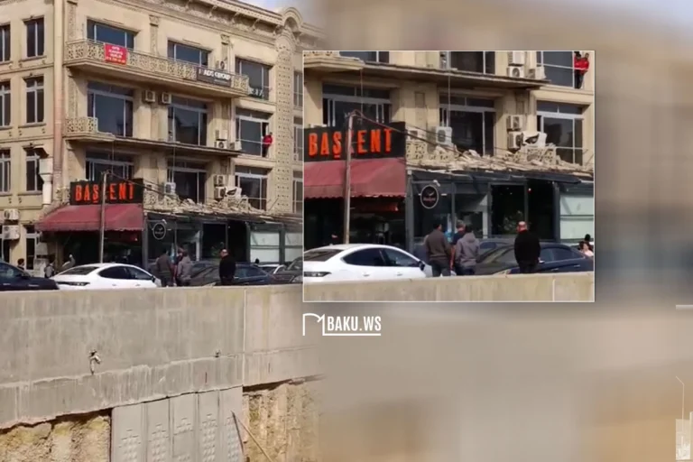 Bakıda binanın eyvanı uçaraq restoranın üstünə töküldü - VİDEO