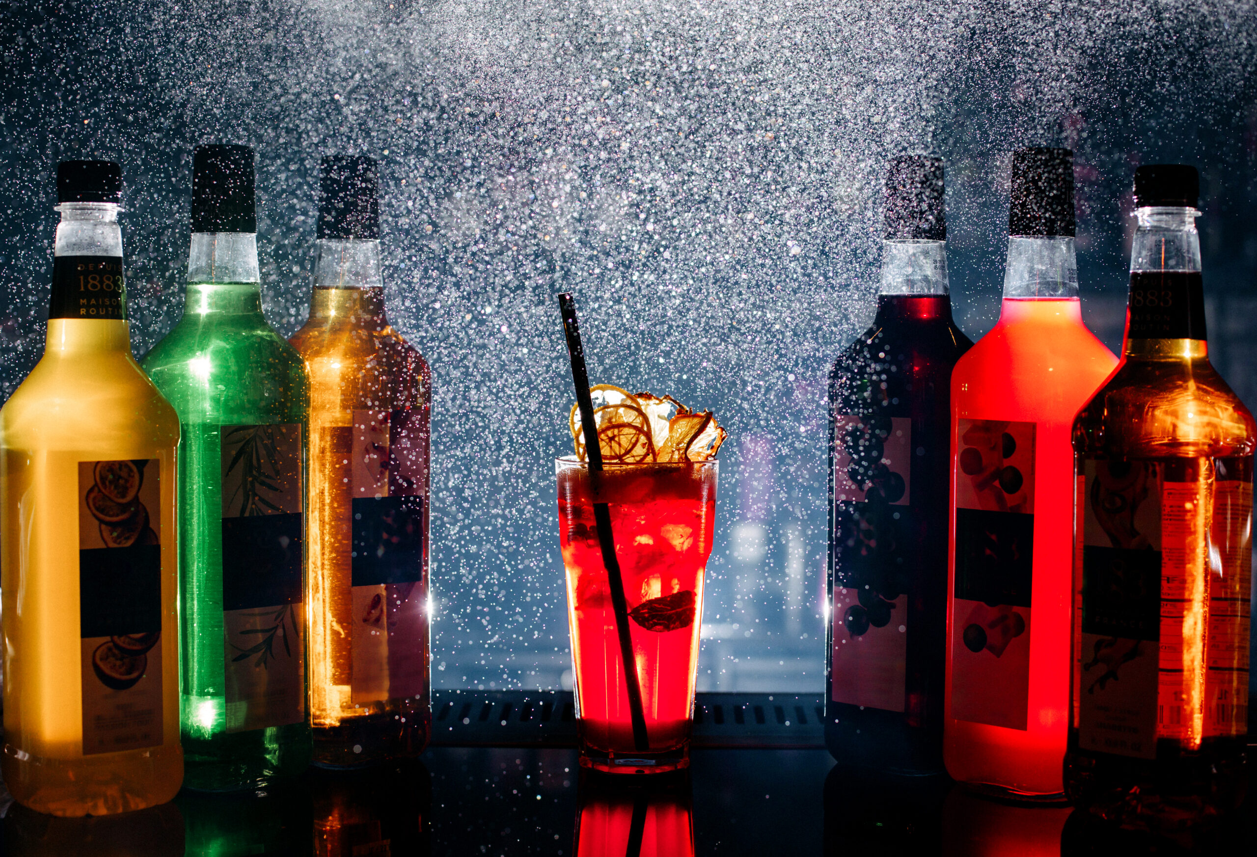 front view different drinks colorful inside bottles scaled