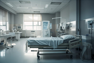 modern hospital room with empty bed chair generated by ai