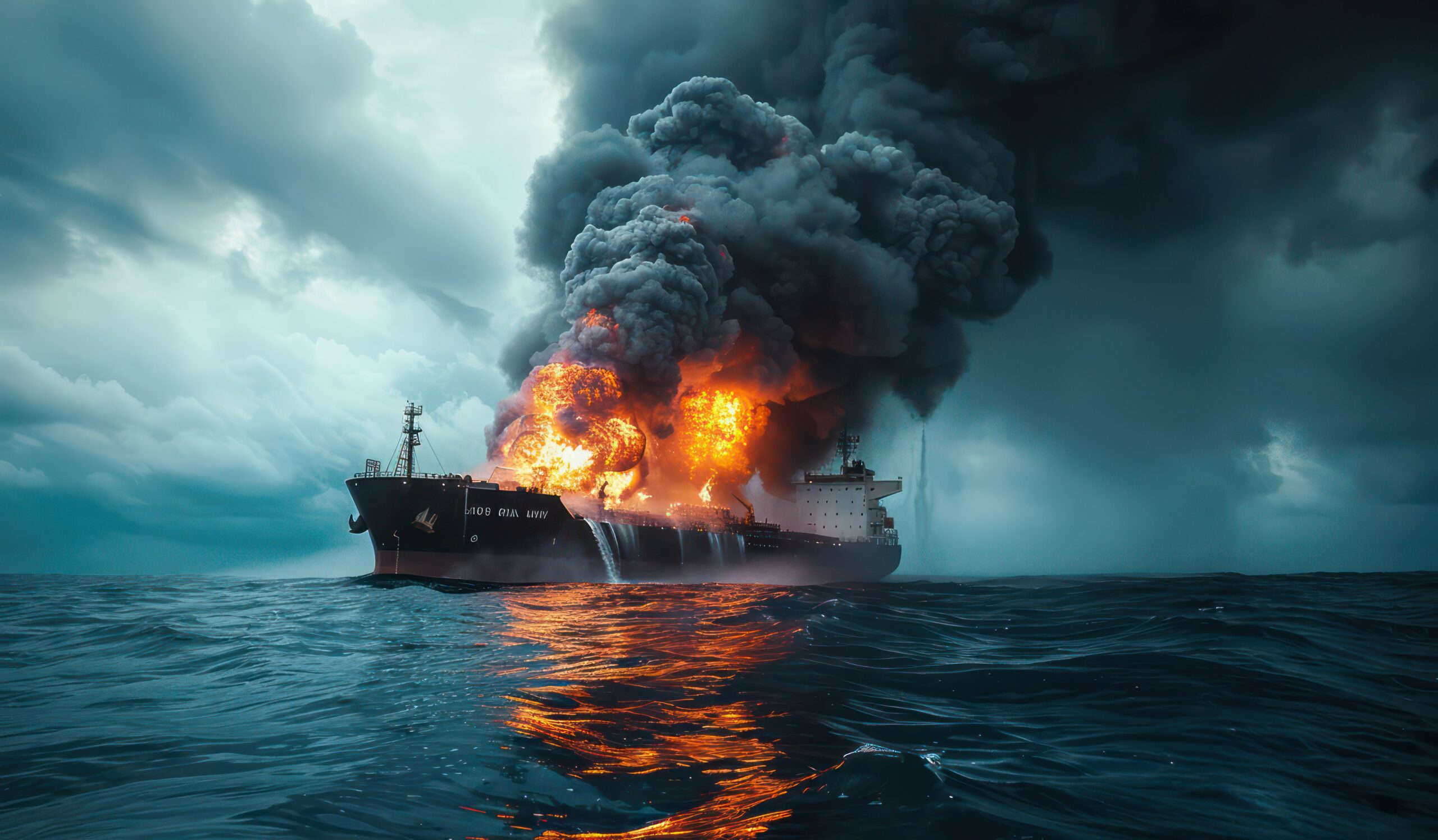 oil tanker ocean small fire its hull causing huge black smoke documentary news style noon su scaled