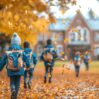 children joyfully walking through autumn leaves crisp afternoon schoolyard