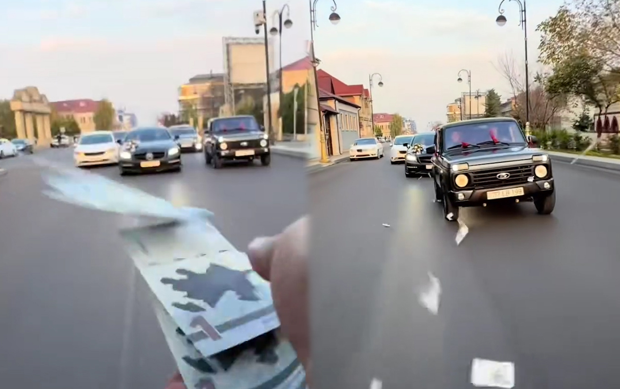 Toy karvanında “avtoş”luq edib manatları yola səpdilər - VİDEO 1 Toy karvanında “avtoş”luq edib manatları yola səpdilər - VİDEO