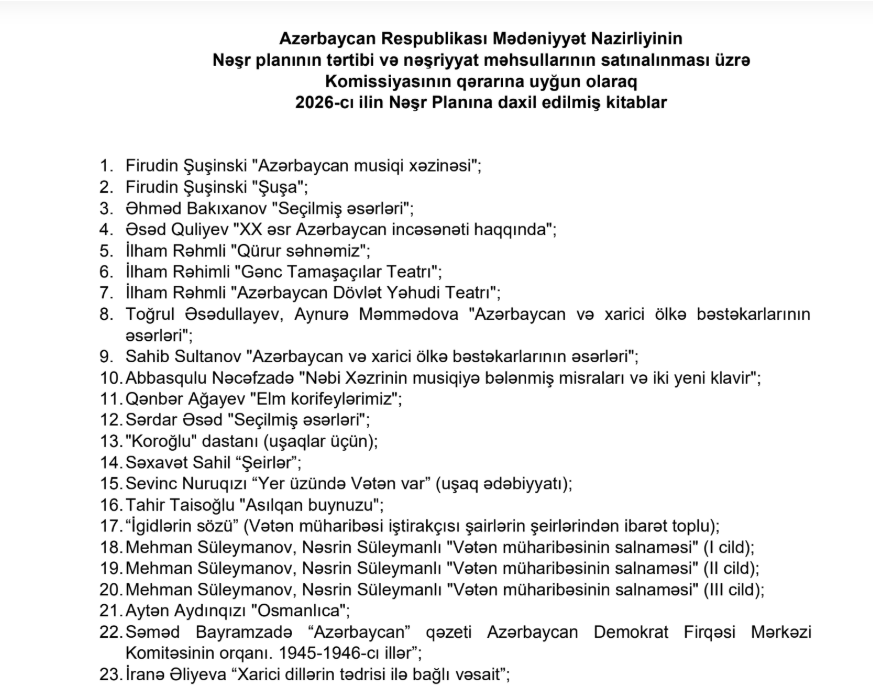 Mədəniyyət Nazirliyi bu kitabları satın aldı – SİYAHI