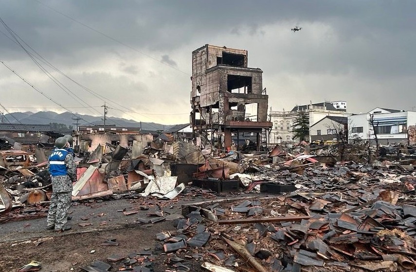 Air Self Defense Force drone search operation at Wajima Asaichi