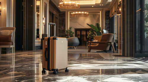 sleek sophisticated upscale suitcase mockup takes center stage luxurious hotel lobby highlighting its exquisite design unrivaled durability perfect discerning travelers
