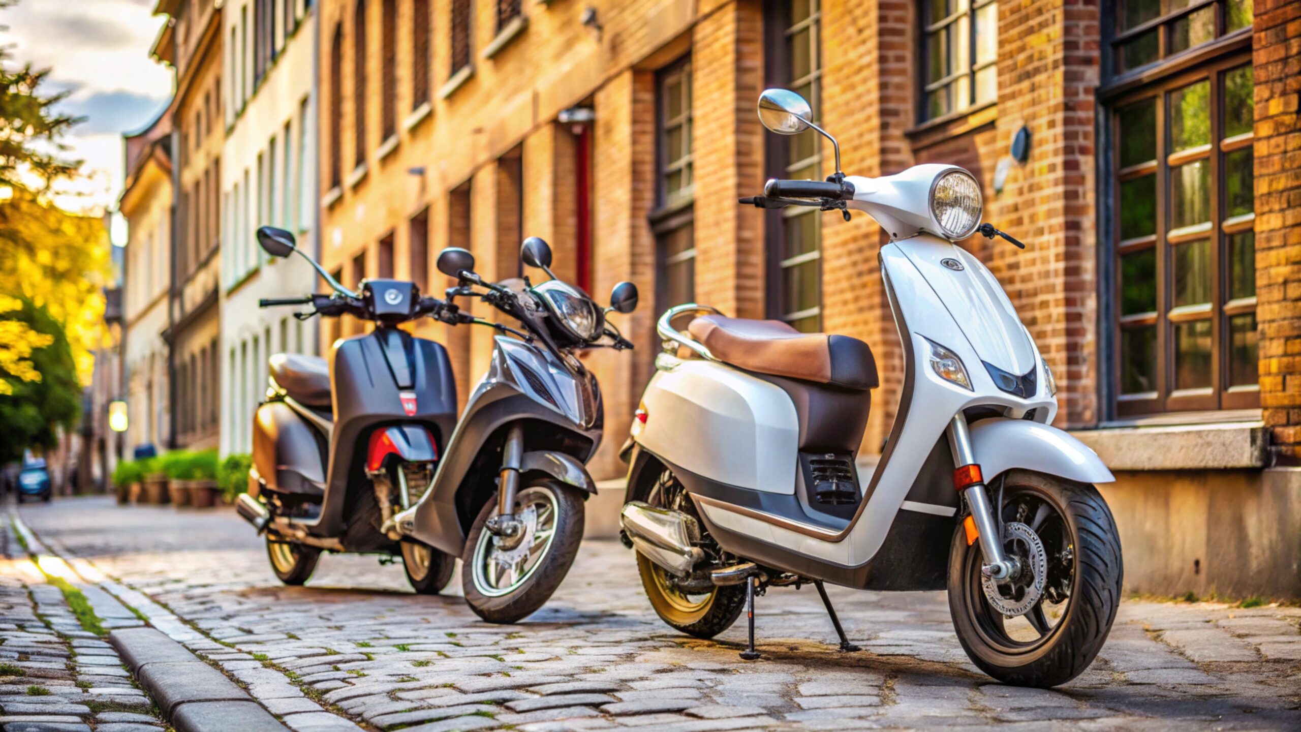 three scooters are parked cobblestone street scaled