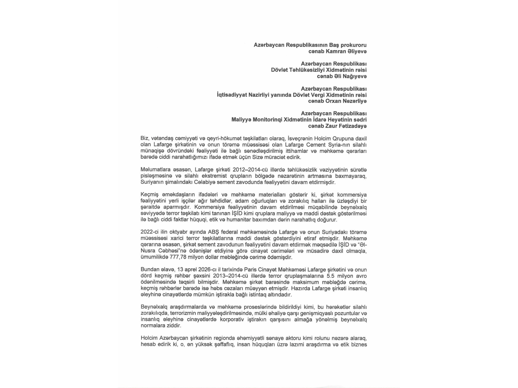 “Holcim Azərbaycan”ın fəaliyyəti araşdırılsın: Terrora dəstək... 2 sd 31