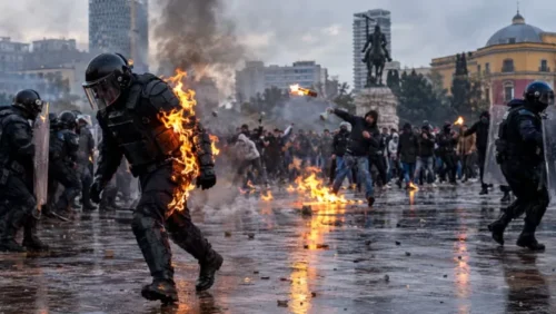 albaniya politsiya podzhog protesty